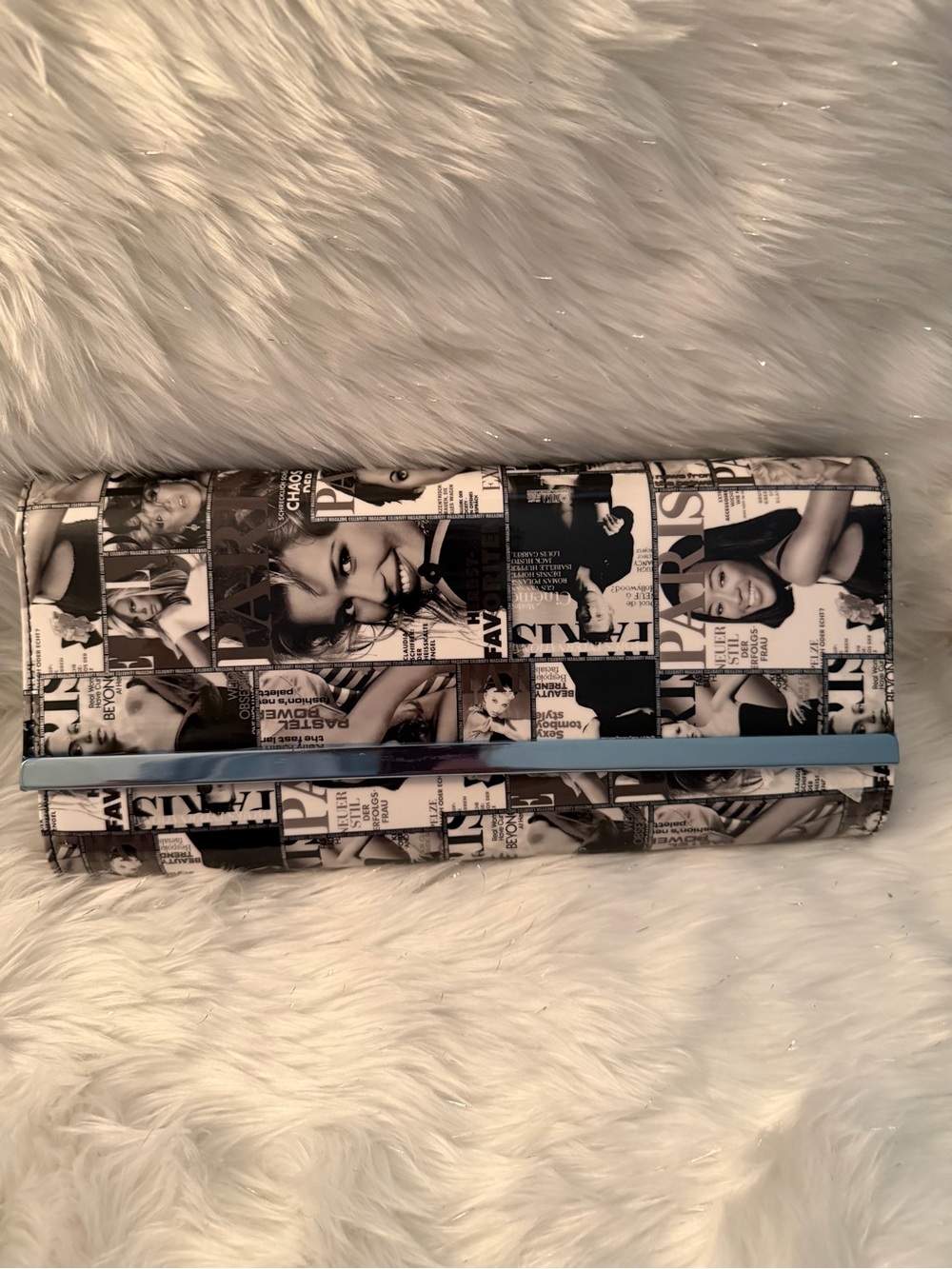 Source Unknown Black & White Photo Collage Clutch with Blue Accent
